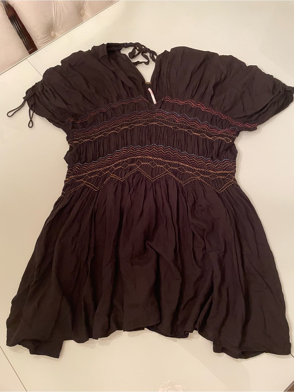 Free People Black Smocked V-Neck Tunic with Multicolor Stitching